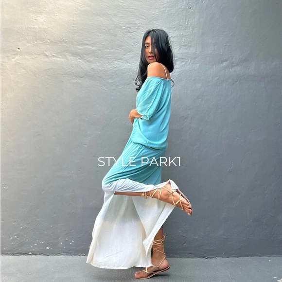 STYLE PARK MAXI KAFTAN DRESS - BNWT - ONE SIZE - BLUE DAISY/CREAM OMBRE - Picture 2 of 11